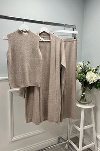 High Neck, Collared, Viscose, Polymide & Acrylic Knitted, Elasticated Waist, Wide Leg Three Piece Set