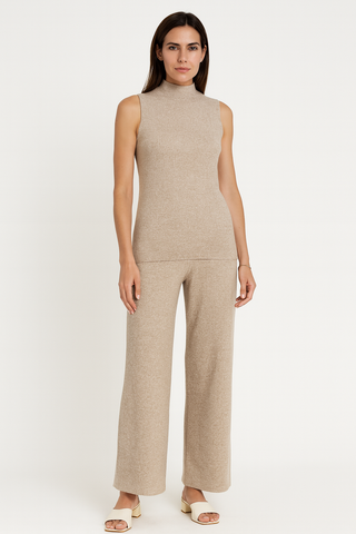 High Neck, Collared, Viscose, Polymide & Acrylic Knitted, Elasticated Waist, Wide Leg Three Piece Set