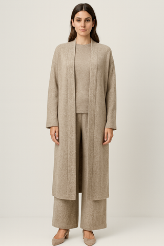 High Neck, Collared, Viscose, Polymide & Acrylic Knitted, Elasticated Waist, Wide Leg Three Piece Set
