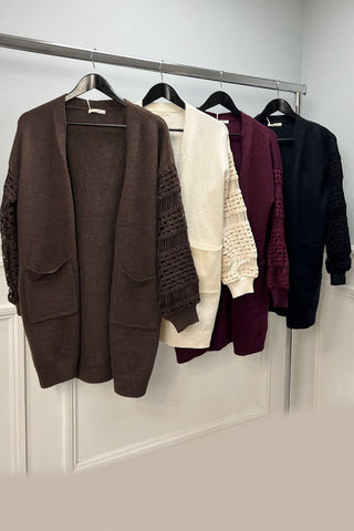 Embroidered Sleeve Detailed, Viscose & Polymide Knitted, Two Pocket Cardigan