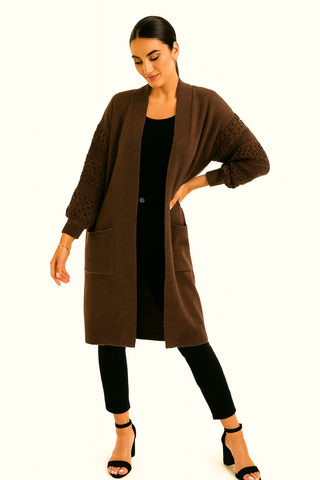 Embroidered Sleeve Detailed, Viscose & Polymide Knitted, Two Pocket Cardigan