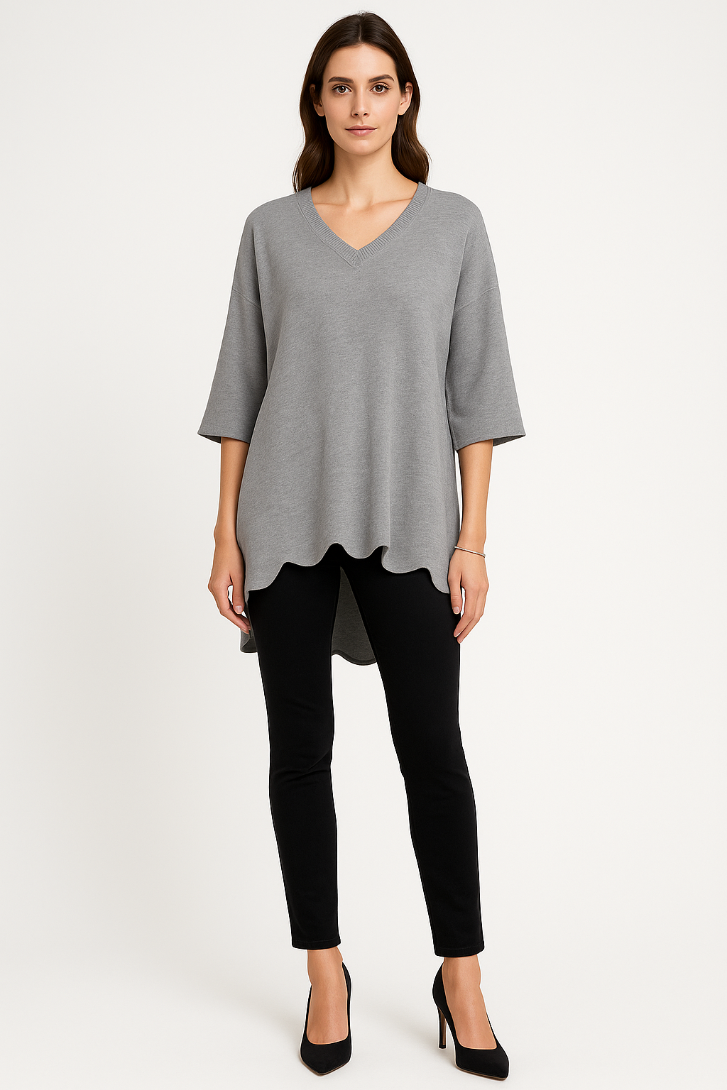 V-Neck, Viscose & Polymide Knitted, Oversized High Low Jumper.
