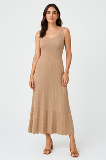nude ribbed knit midi dress with pearl-embellished hem