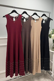 nude ribbed knit midi dress with pearl-embellished hem