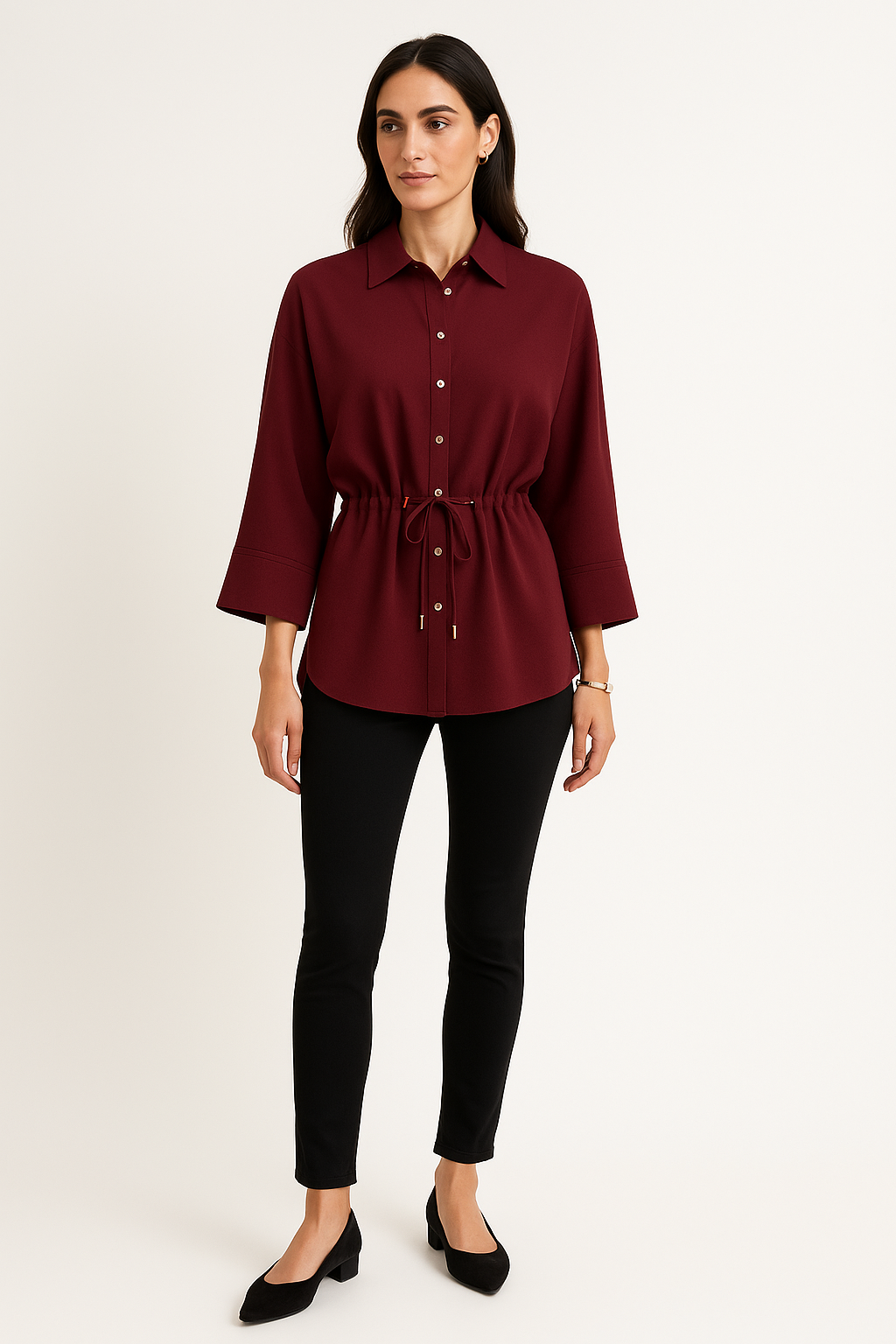 Structured shirt with a drawstring waist and flared sleeves