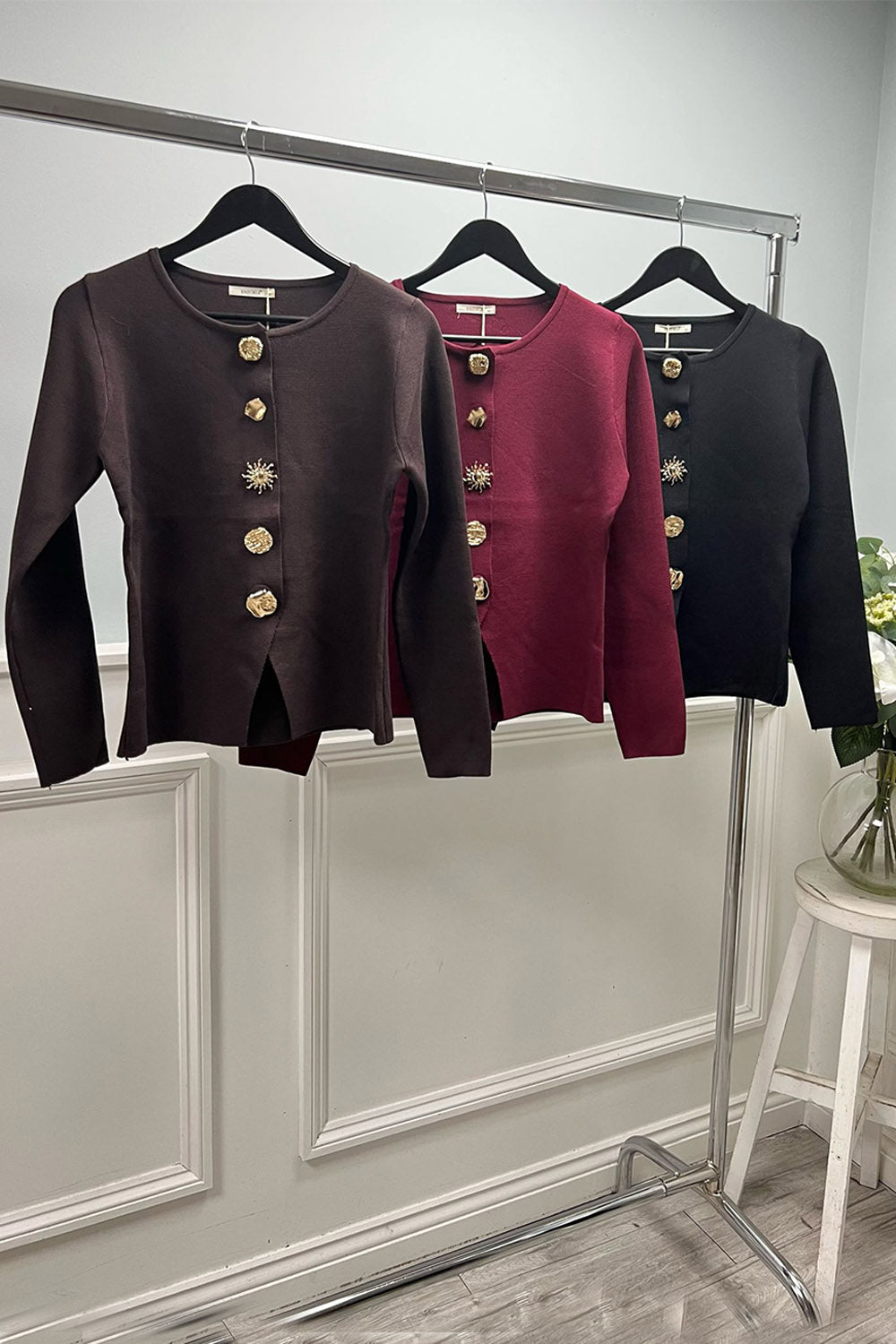 Crimson Cardigan with Gilded Accents