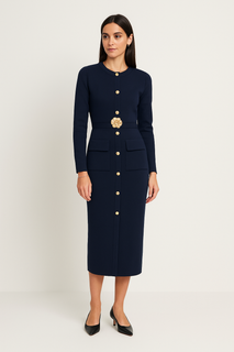 Knit dress with a sleek straight cut, gold button detailing, and statement floral belt