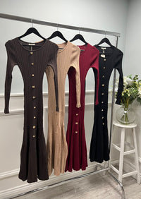 Ribbed knit dress with a sleek button-down front, fitted long sleeves, and a gently flared hem
