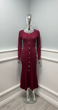 Ribbed knit dress with a sleek button-down front, fitted long sleeves, and a gently flared hem