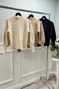 Cream Sweater – High Neck with Textured Sleeves