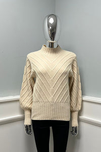Cream Sweater – High Neck with Textured Sleeves