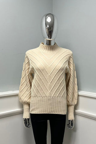 Cream Sweater – High Neck with Textured Sleeves