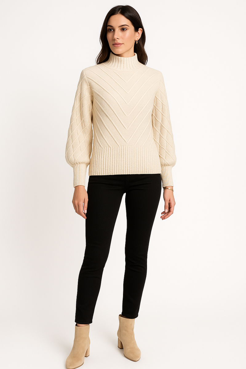 Cream Sweater – High Neck with Textured Sleeves