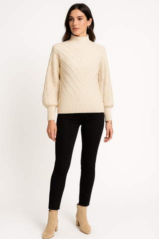 Cream Sweater – High Neck with Textured Sleeves