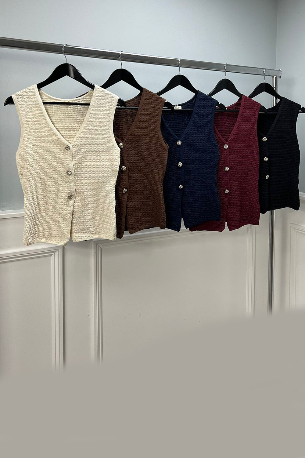 V-Neck, Button Through, Viscose Knitted Waistcoat.