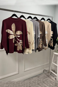 Oversized high round neck Jumper with large metallic floral design