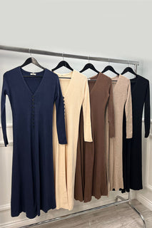 V-Neck , long dress with button-down front