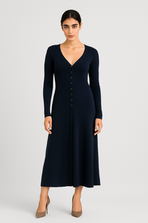 V-Neck , long dress with button-down front