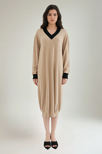 V Neck , knit dress with cuff accents