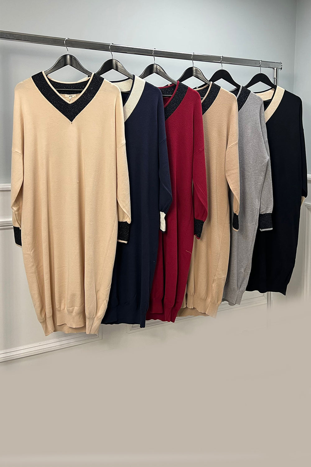V Neck , knit dress with cuff accents