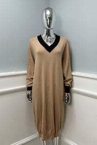 V Neck , knit dress with cuff accents