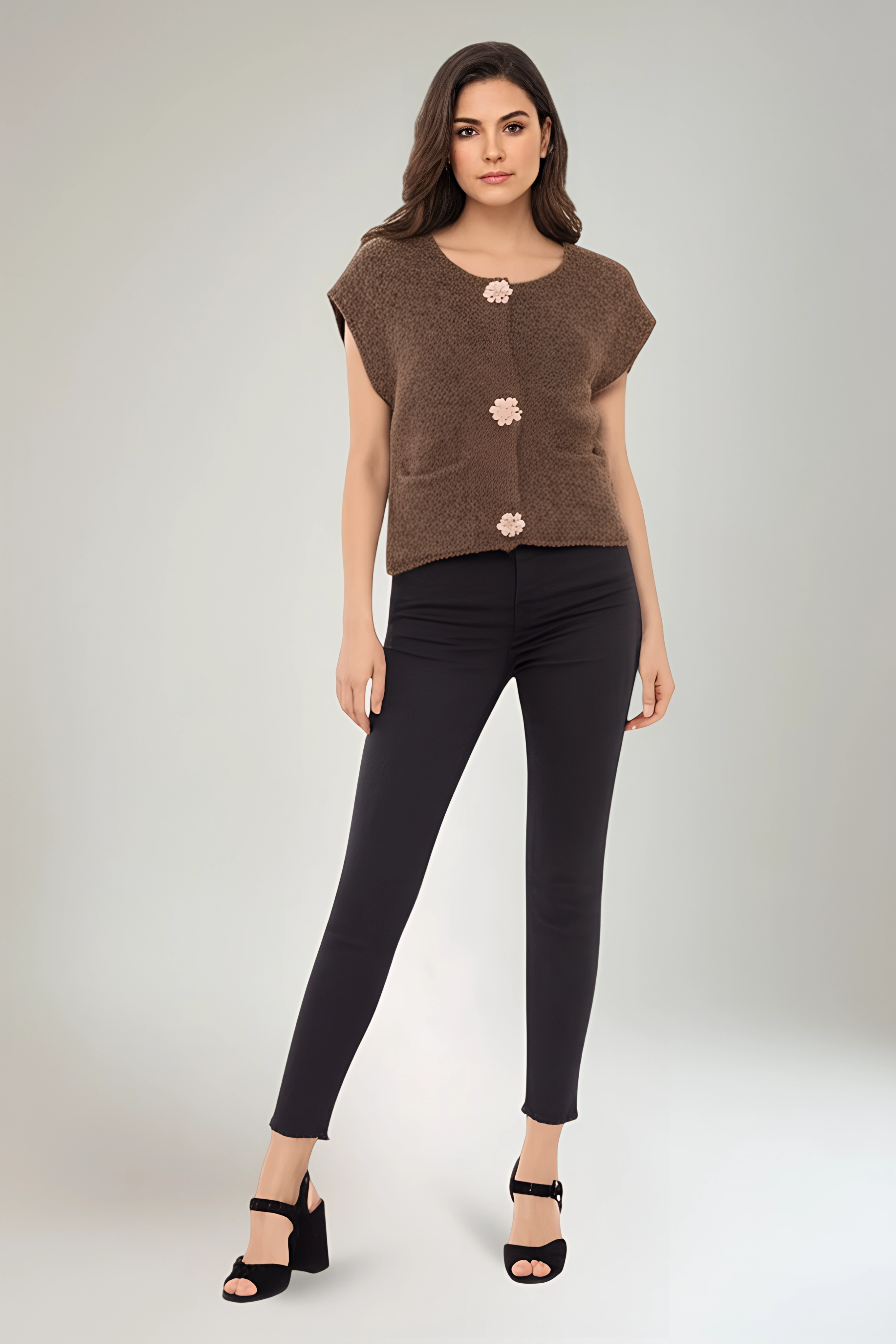 Flower Broach Detailed, Lana Wool Knitted, Two Pocket Waistcoat