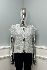 Flower Broach Detailed, Lana Wool Knitted, Two Pocket Waistcoat