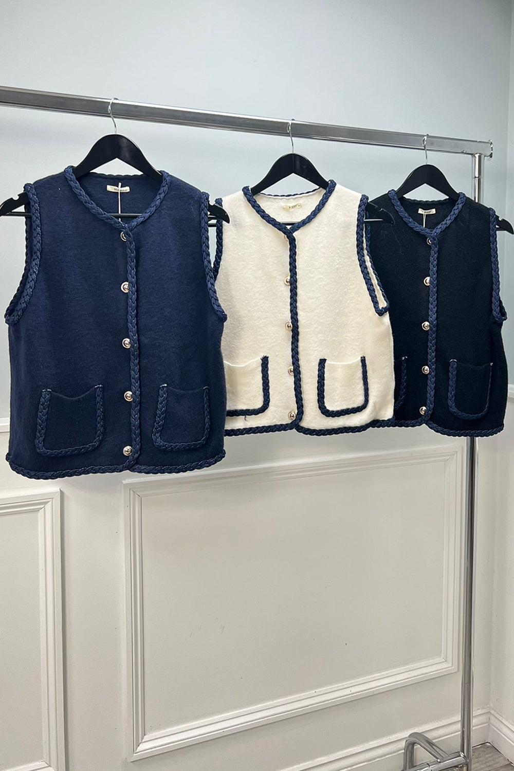 Denim Trim Detailed, Viscose Knitted, Two Pocket Waistcoat