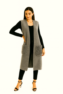 sleeveless open-front jacket with luxurious faux fur pockets