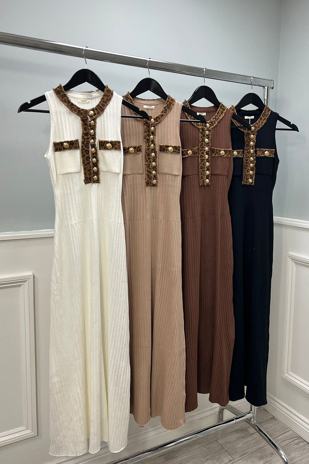 Sleeveless Ribbed Midi Dress with Embellished Detail