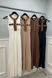Sleeveless Ribbed Midi Dress with Embellished Detail