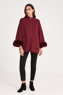 Structured zip-up cape jacket with faux-fur cuffs