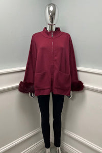 Structured zip-up cape jacket with faux-fur cuffs