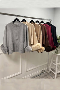 Structured zip-up cape jacket with faux-fur cuffs