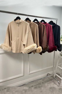 Structured zip-up cape jacket with faux-fur cuffs