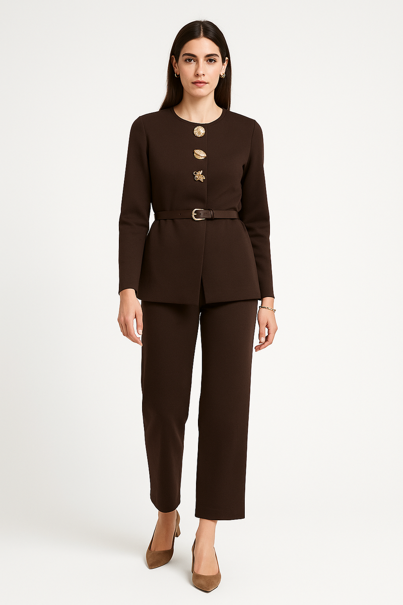 Tailored set with gold buttons, round neck, and a belted waist