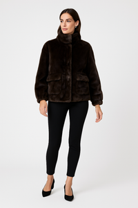 Velvety textured faux fur jacket with high stand collar & large, flap-style front pockets
