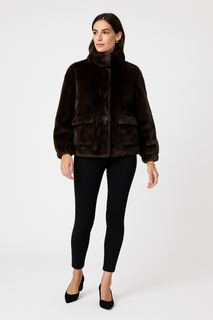 Velvety textured faux fur jacket with high stand collar & large, flap-style front pockets