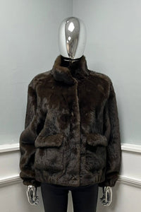 Velvety textured faux fur jacket with high stand collar & large, flap-style front pockets