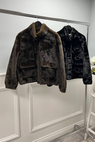 Velvety textured faux fur jacket with high stand collar & large, flap-style front pockets