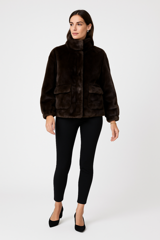 Velvety textured faux fur jacket with high stand collar & large, flap-style front pockets