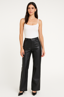high-rise black faux leather pants