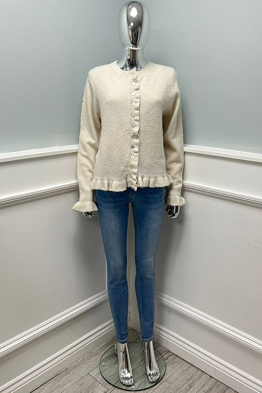 Ivory Knit Cardigan with Ruffled Trim