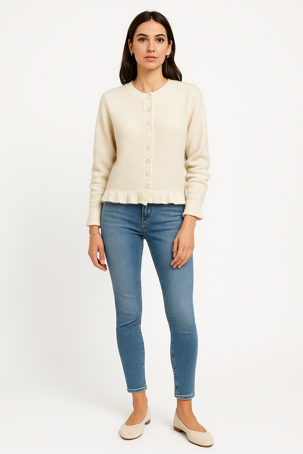 Ivory Knit Cardigan with Ruffled Trim