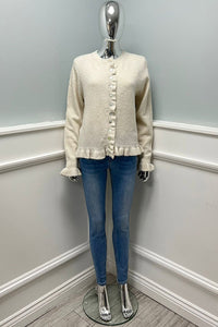 Ivory Knit Cardigan with Ruffled Trim