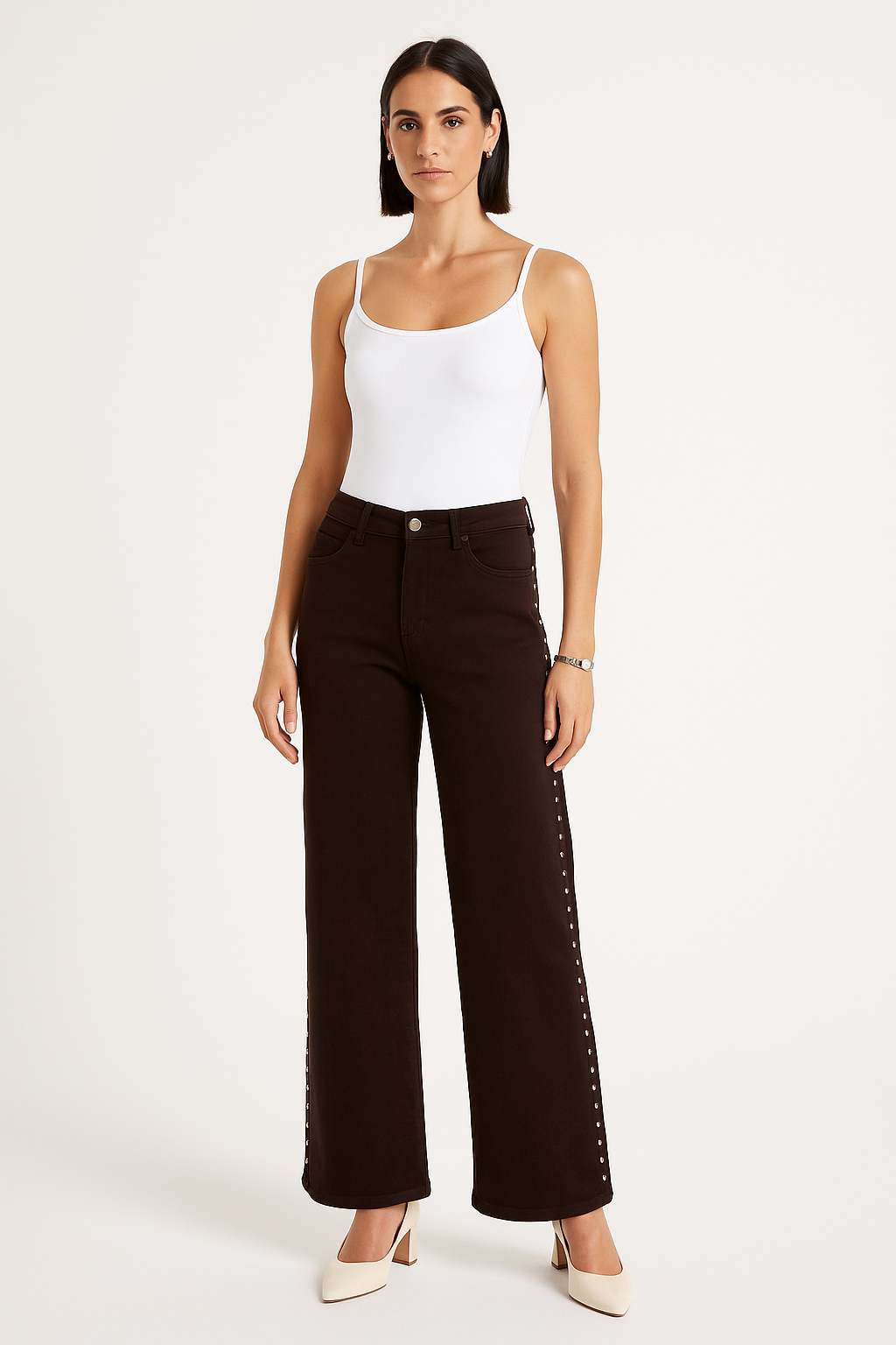 Contemporary chic — high-waist brown wide-leg jeans with side stud detailing