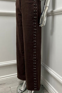 Contemporary chic — high-waist brown wide-leg jeans with side stud detailing