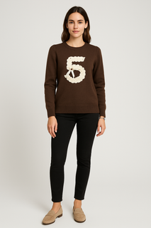 Chocolate knit sweater with embroidered “5”