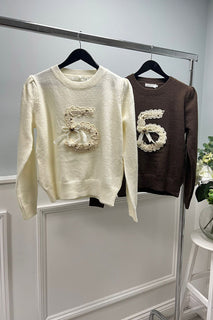 Chocolate knit sweater with embroidered “5”