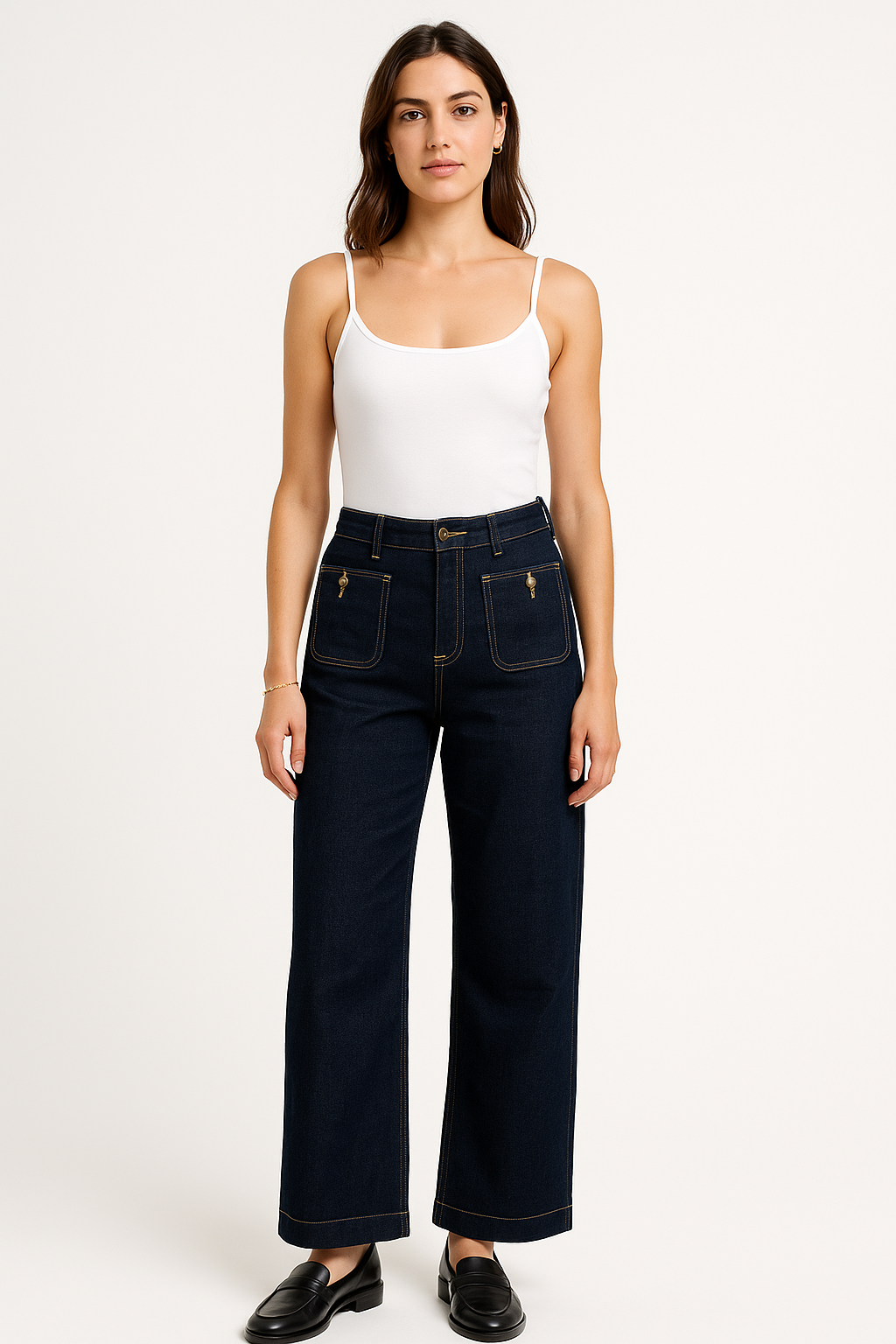 Modern utility — dark wash wide-leg jeans with front pocket detailing for a structured, chic finish.